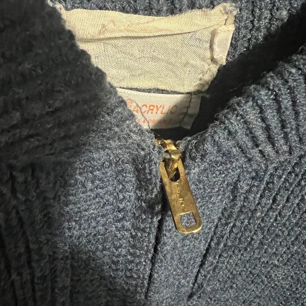 Vintage 70s USPS Mail Man Letter Boy Cardigan Sweater Blue Zip Front Talon M L